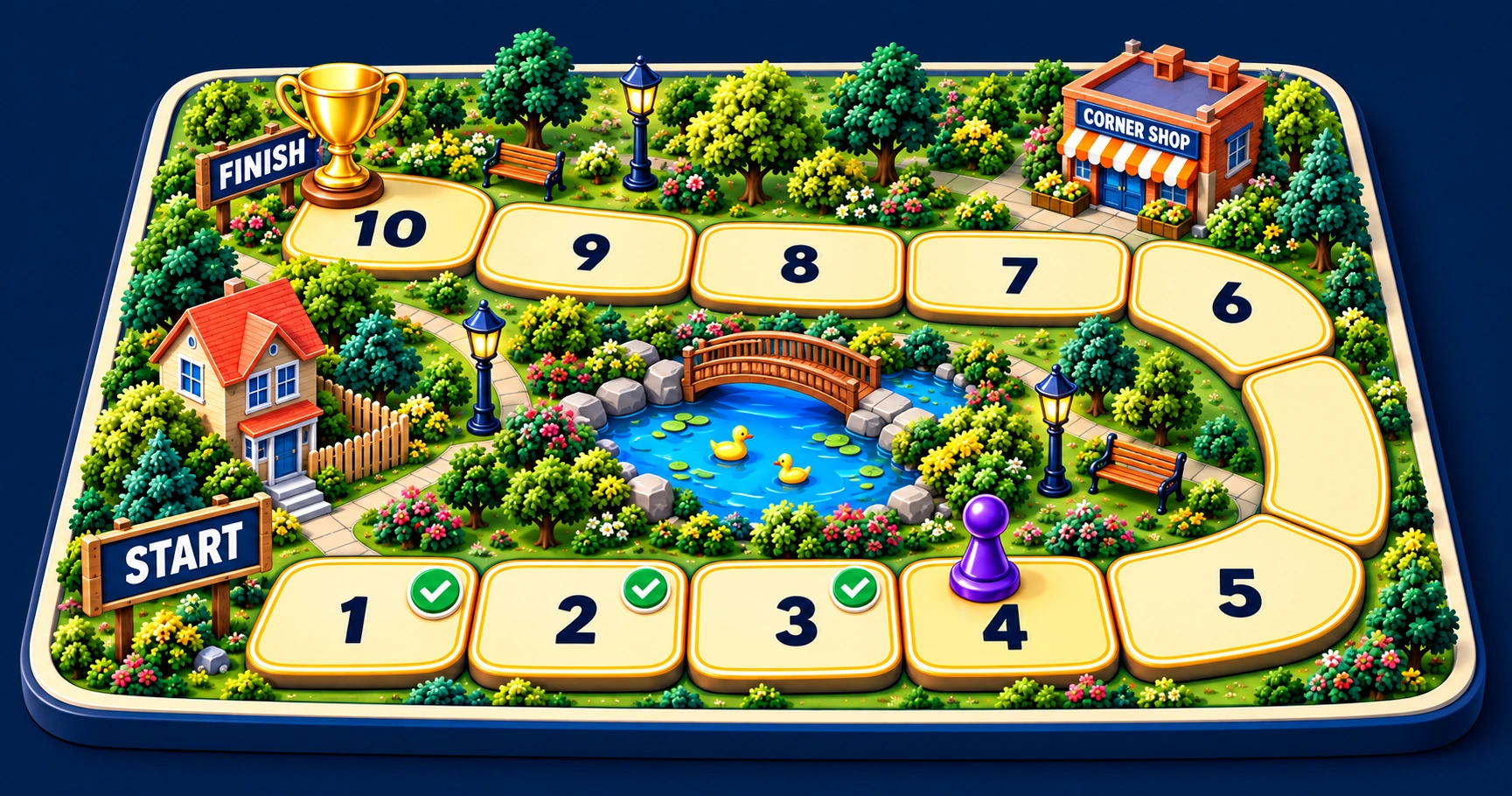 The colorful Street Smart board game with ten stops, a purple pawn and a finish trophy