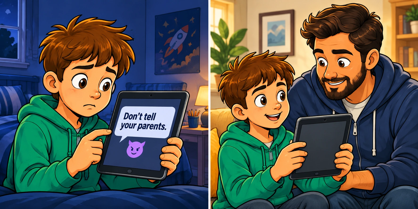 A boy notices the message Don’t tell your parents on his tablet