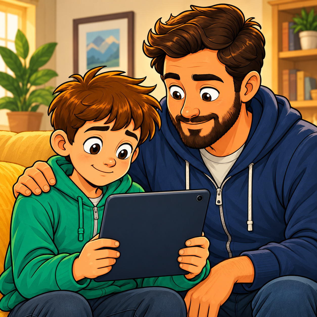 The boy turns the tablet toward his dad, and they look at the screen together