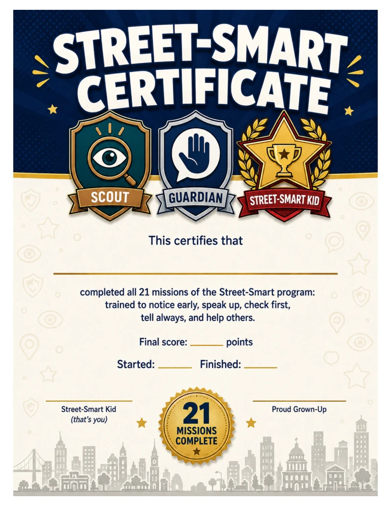 The book’s completion certificate with Scout, Guardian and Street-Smart Kid badges